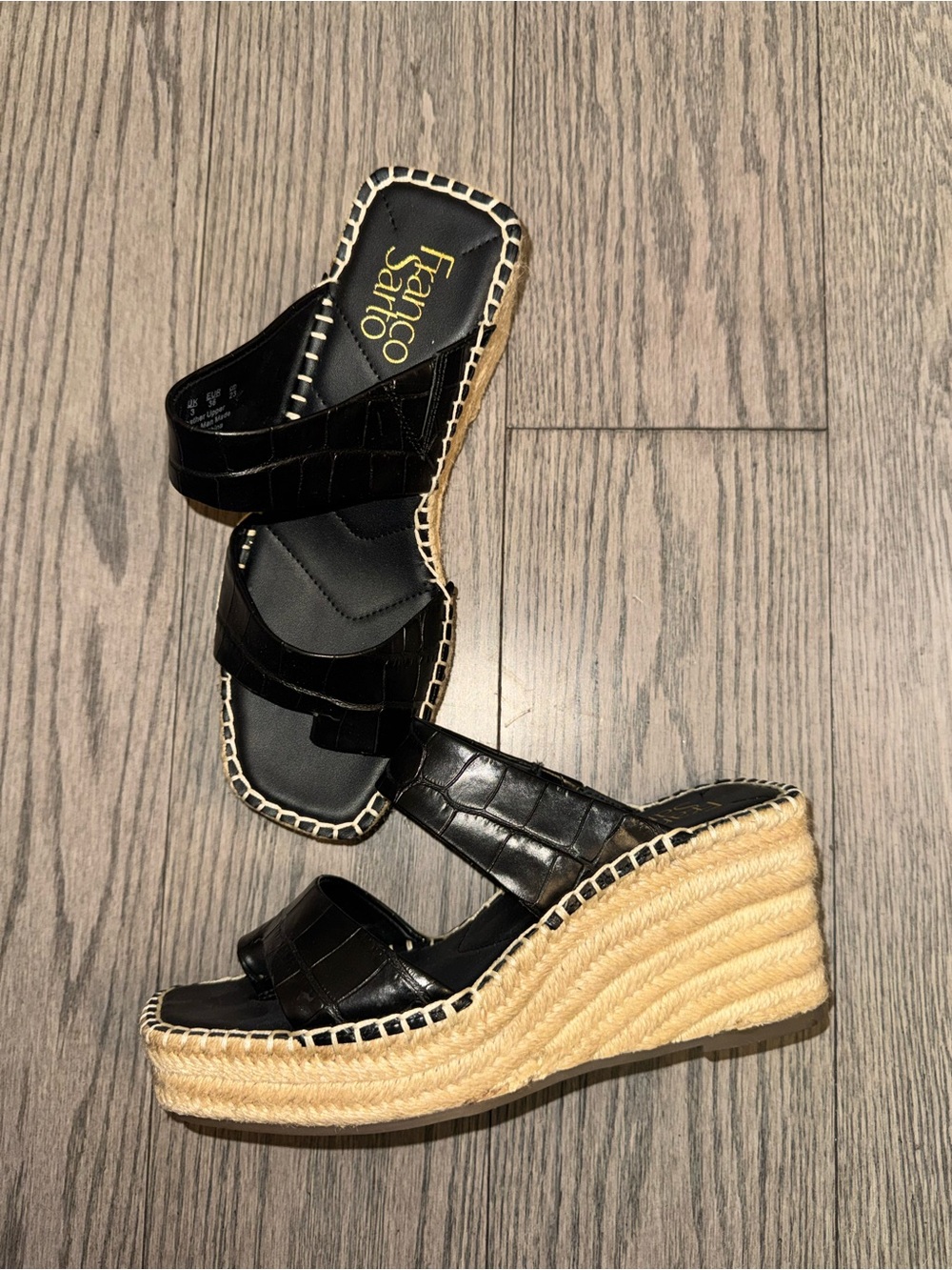 Franco Sarto Black Croc-Embossed Espadrille Wedge Sandals